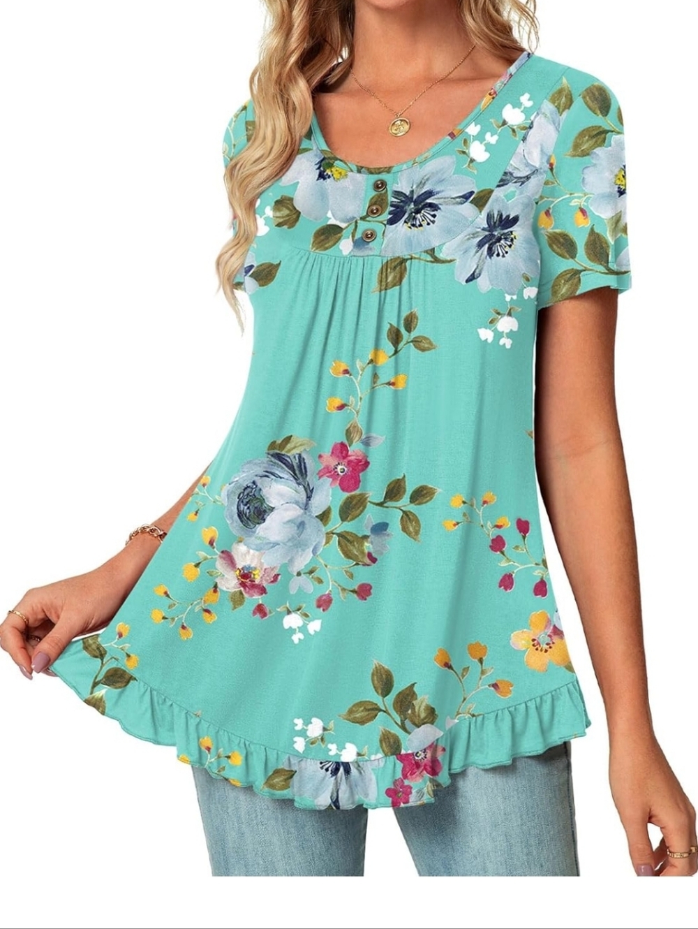 Mint Green Floral Scoop Neck Short Sleeve Tunic